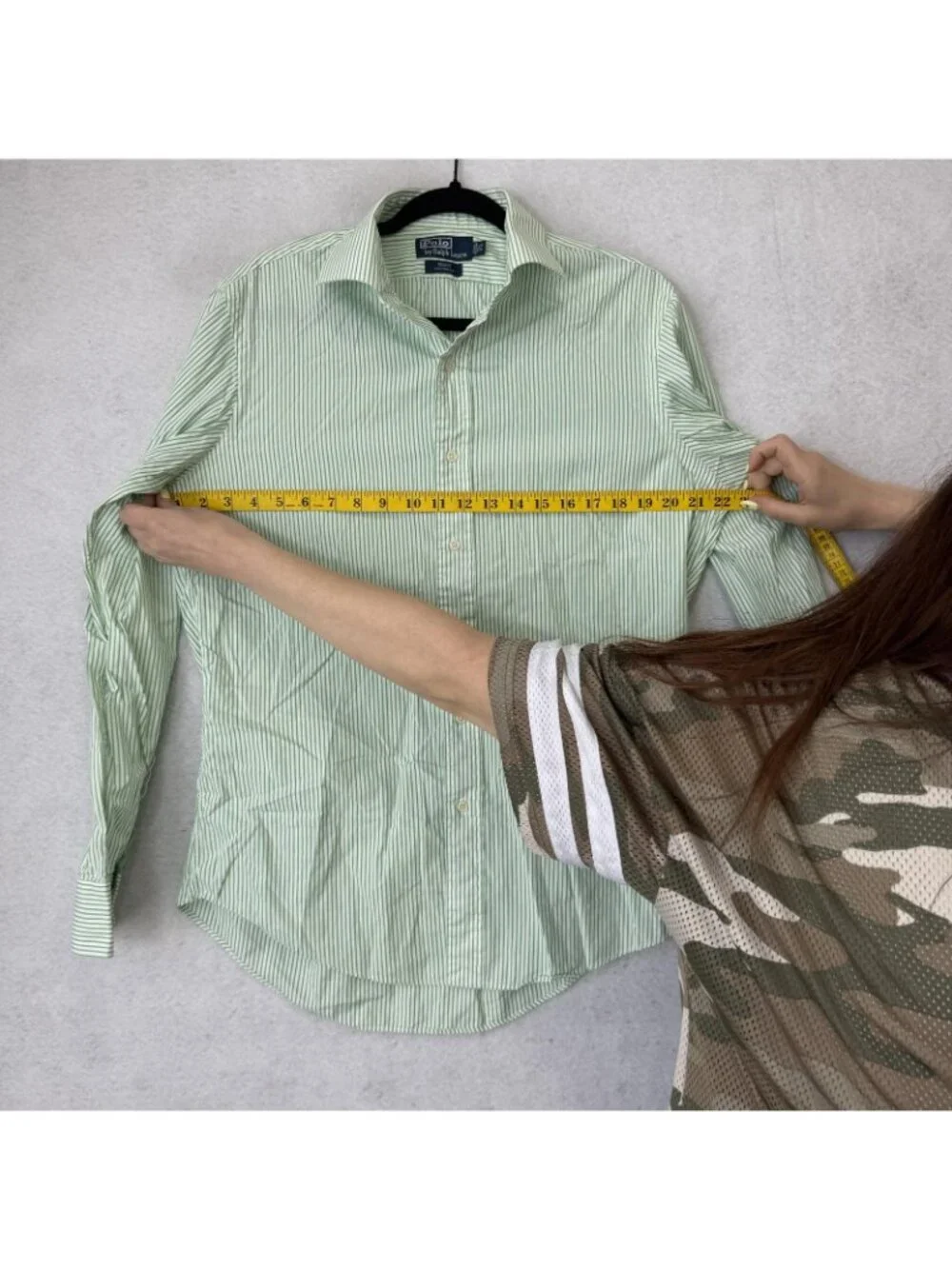 Polo Ralph Lauren Shirt Mens 15.5 Green Striped Custom Fit Long Sleeve Dress